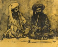 Doda Baloch, Marri Tribes Men Playing Flute I, 20 x 27 Inch, Charcoal on Paper, Figurative Painting, AC-DDB-001